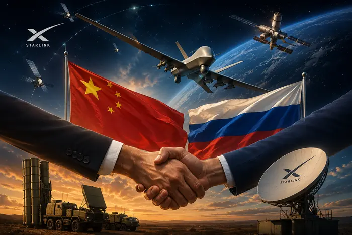 Китай і Росія обєднуються проти Starlink: рукостискання на тлі прапорів країн, супутників та військової техніки