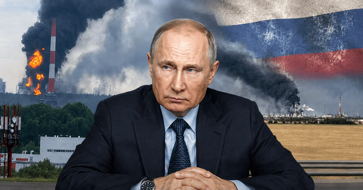 Володимир Путін на тлі палаючої нафтобази РФ після ударів ЗСУ